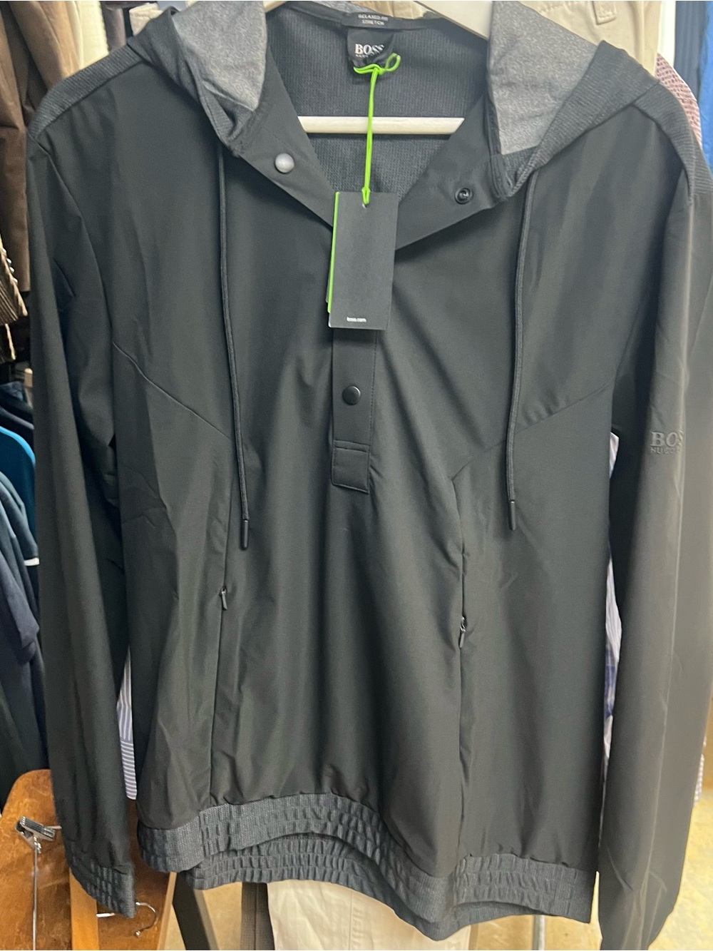 BOSS Men’s Black Hooded Windbreaker with Gray Trim